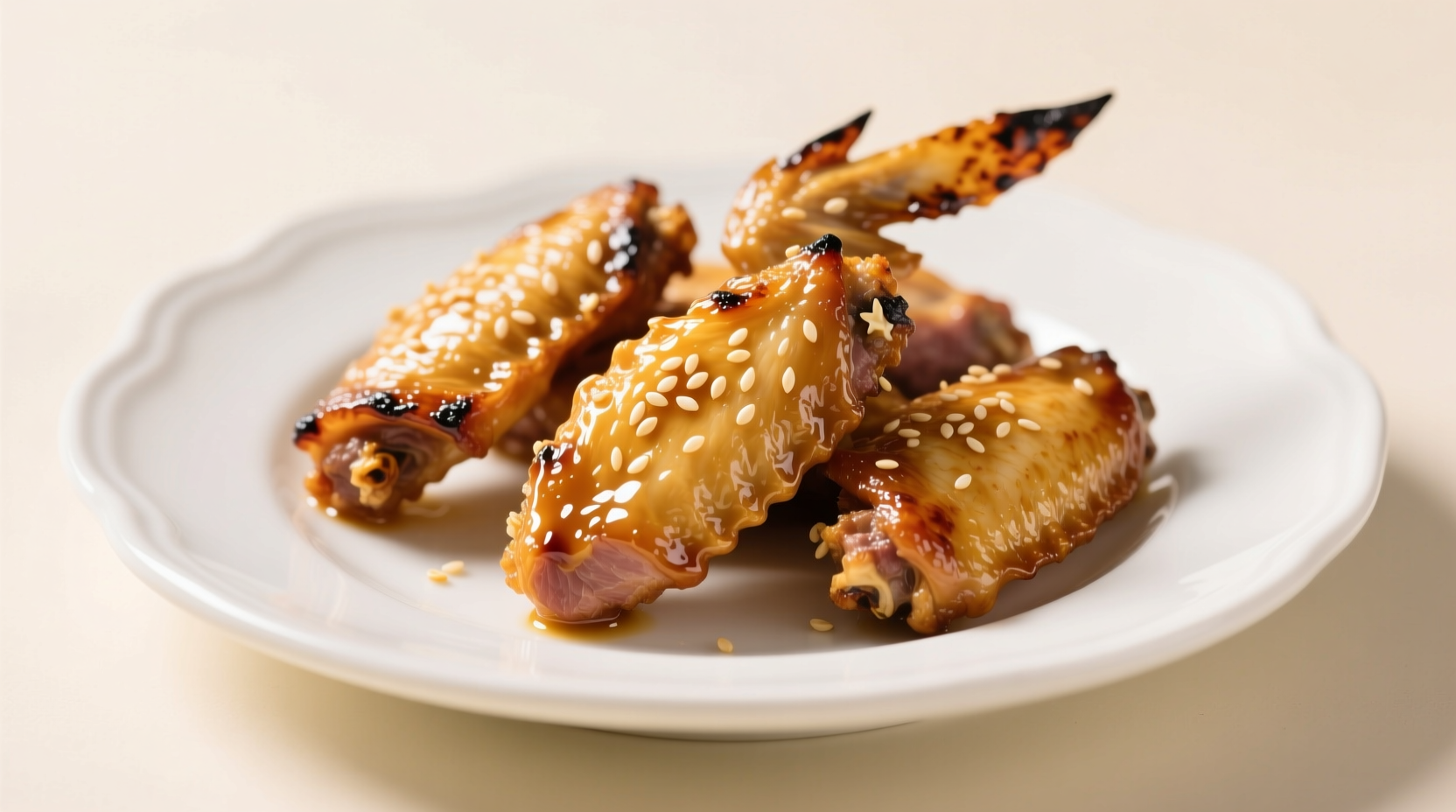 Golden honey garlic wings on white plate with sesame seeds