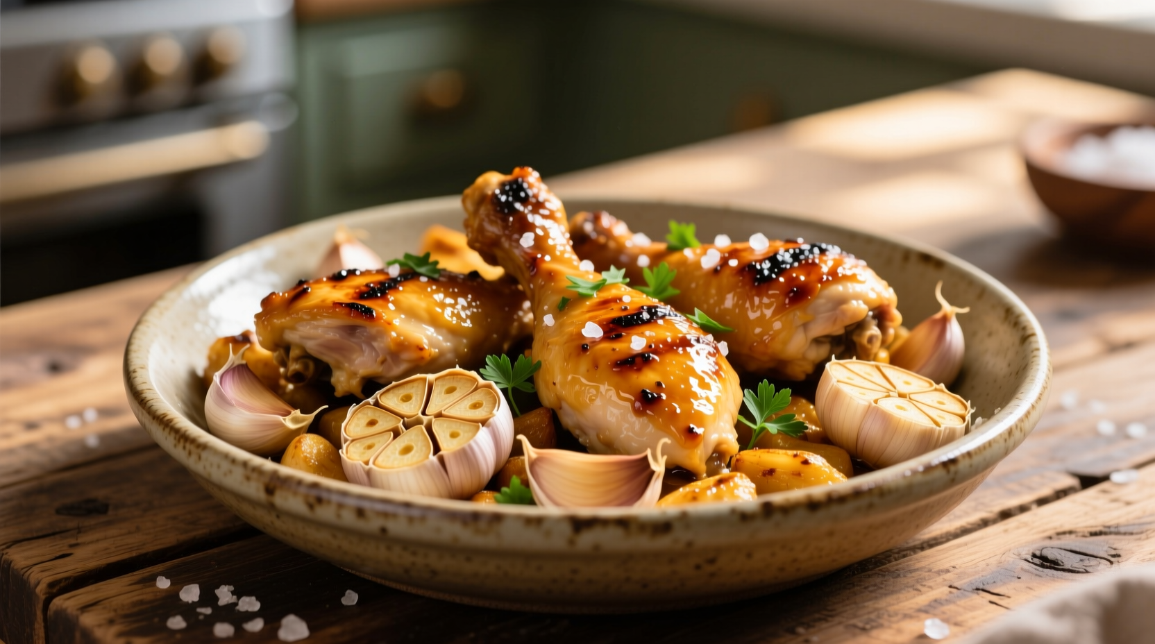 Golden garlic chicken with roasted garlic cloves