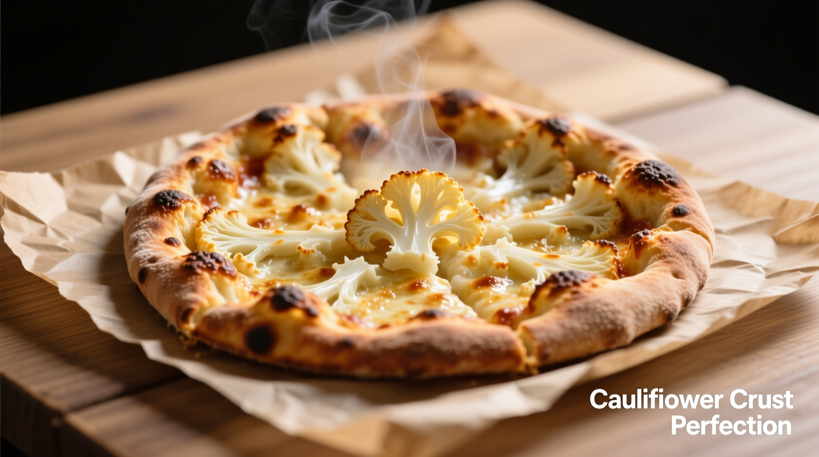 Perfectly baked cauliflower pizza crust on parchment paper