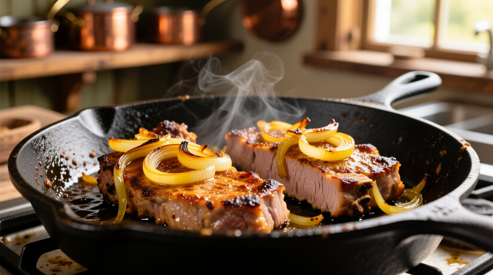Golden brown pork chops with onion crust in cast iron skillet