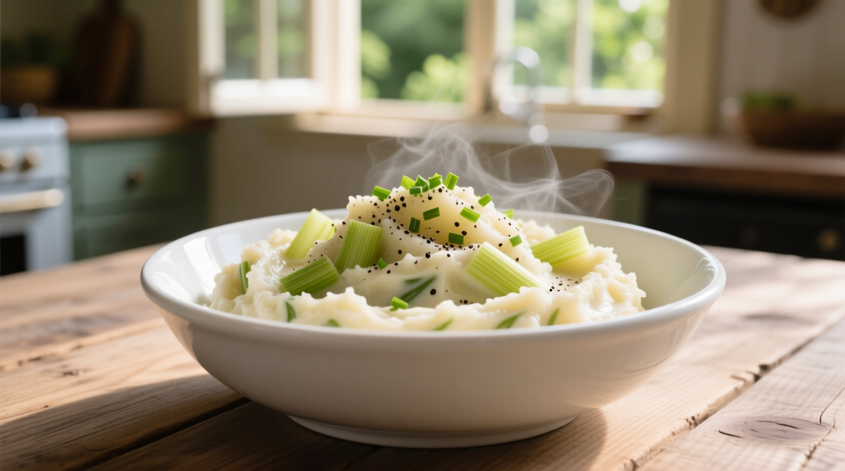 Creamy leek mashed potatoes in white bowl