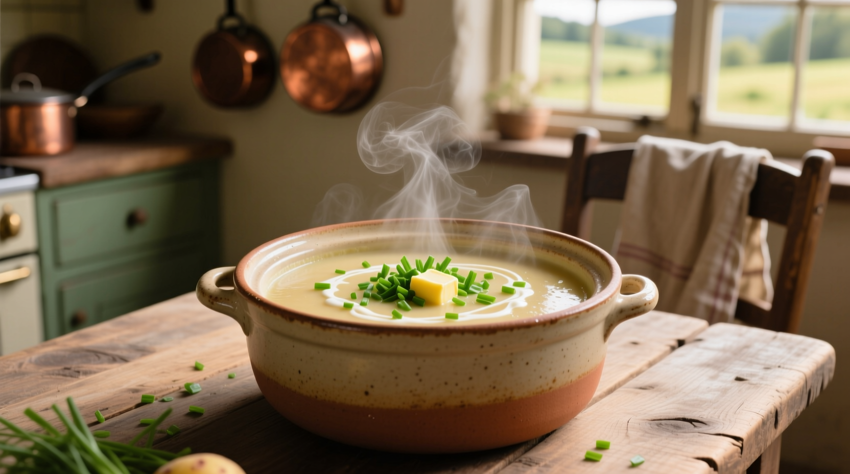 Crock pot filled with creamy potato soup topped with chives
