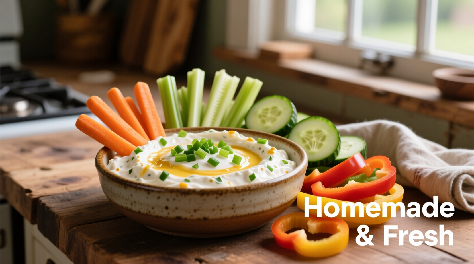 Homemade sour cream and onion dip in bowl with vegetable dippers