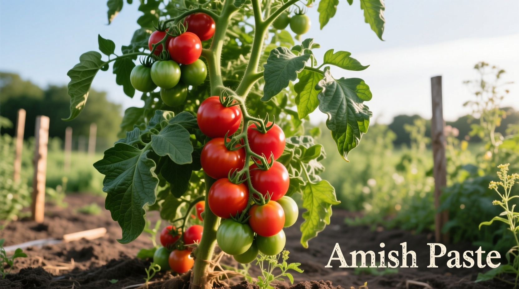 Healthy Amish Paste tomato plant with ripening fruit