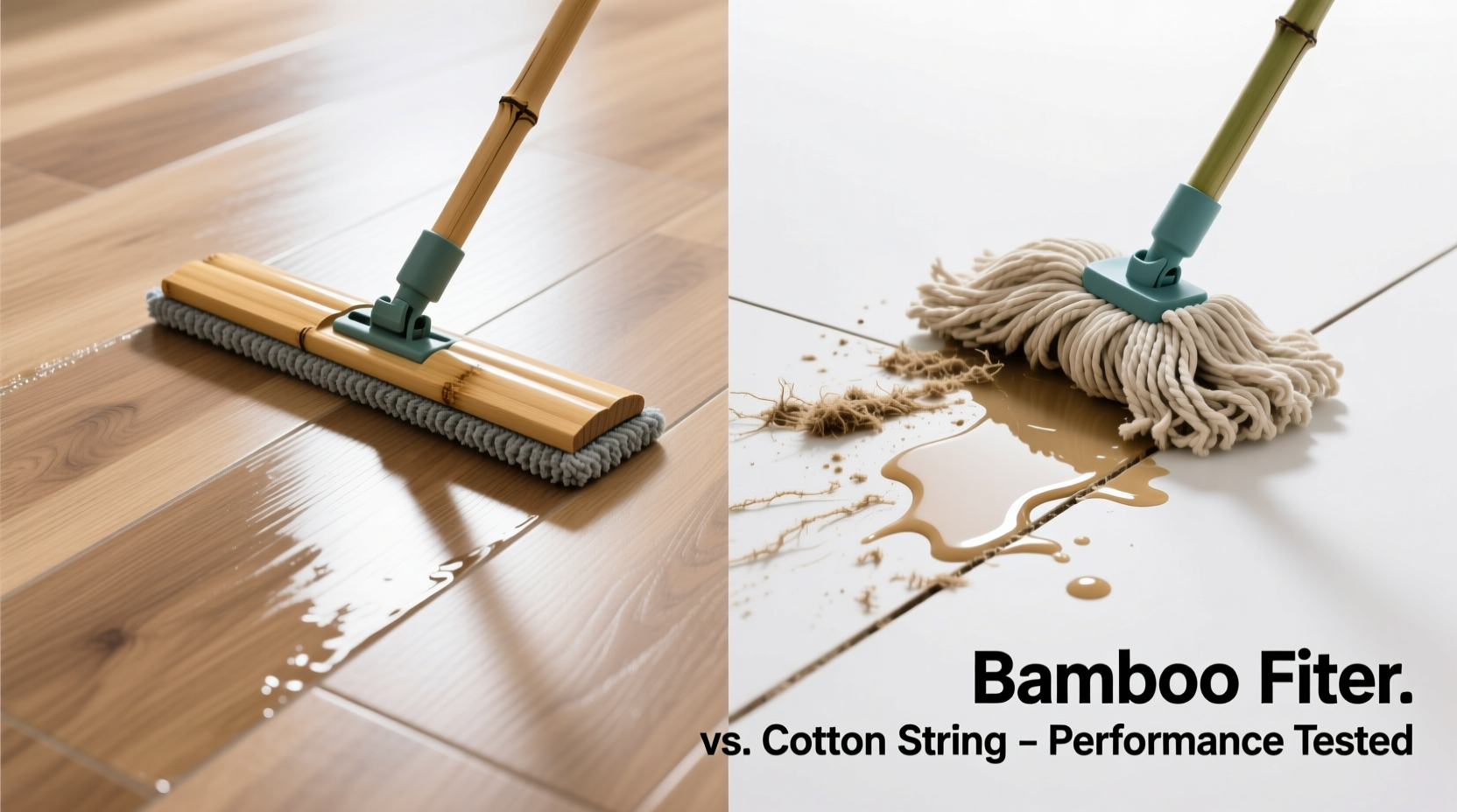 Side-by-side comparison: a bamboo fiber mop pad cleanly gliding over matte-finish engineered hardwood versus a cotton string mop leaving visible lint trails and water pooling in grout lines