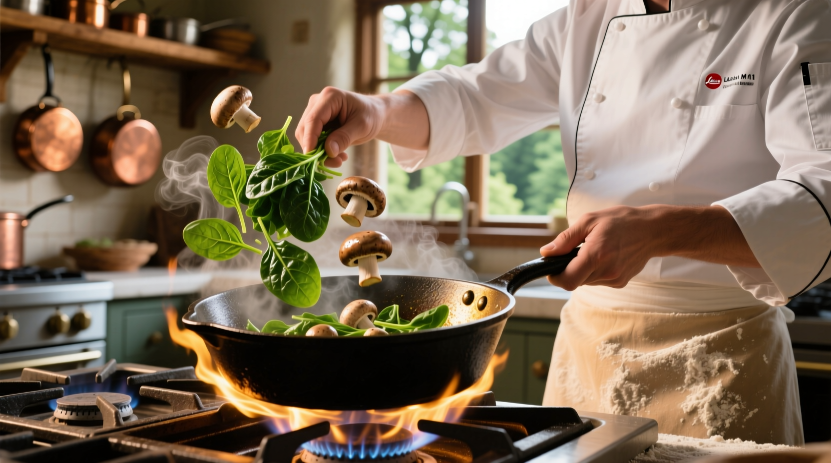 Chef sautéing mushrooms and spinach in cast iron skillet