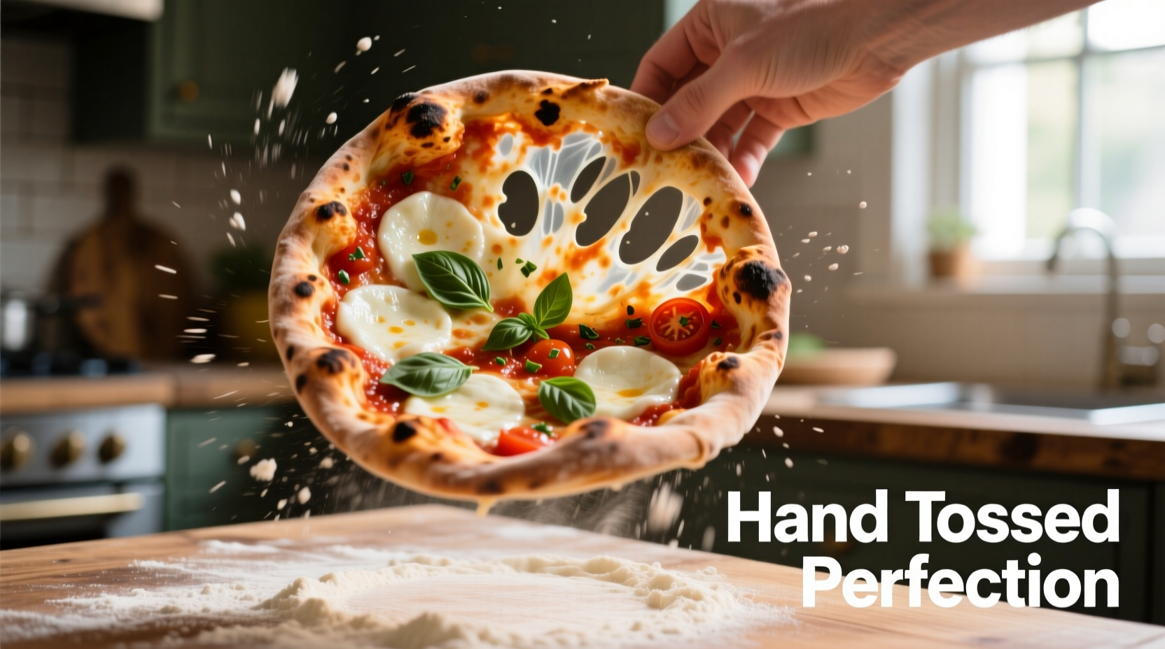 Hand tossed pizza showing thin flexible crust