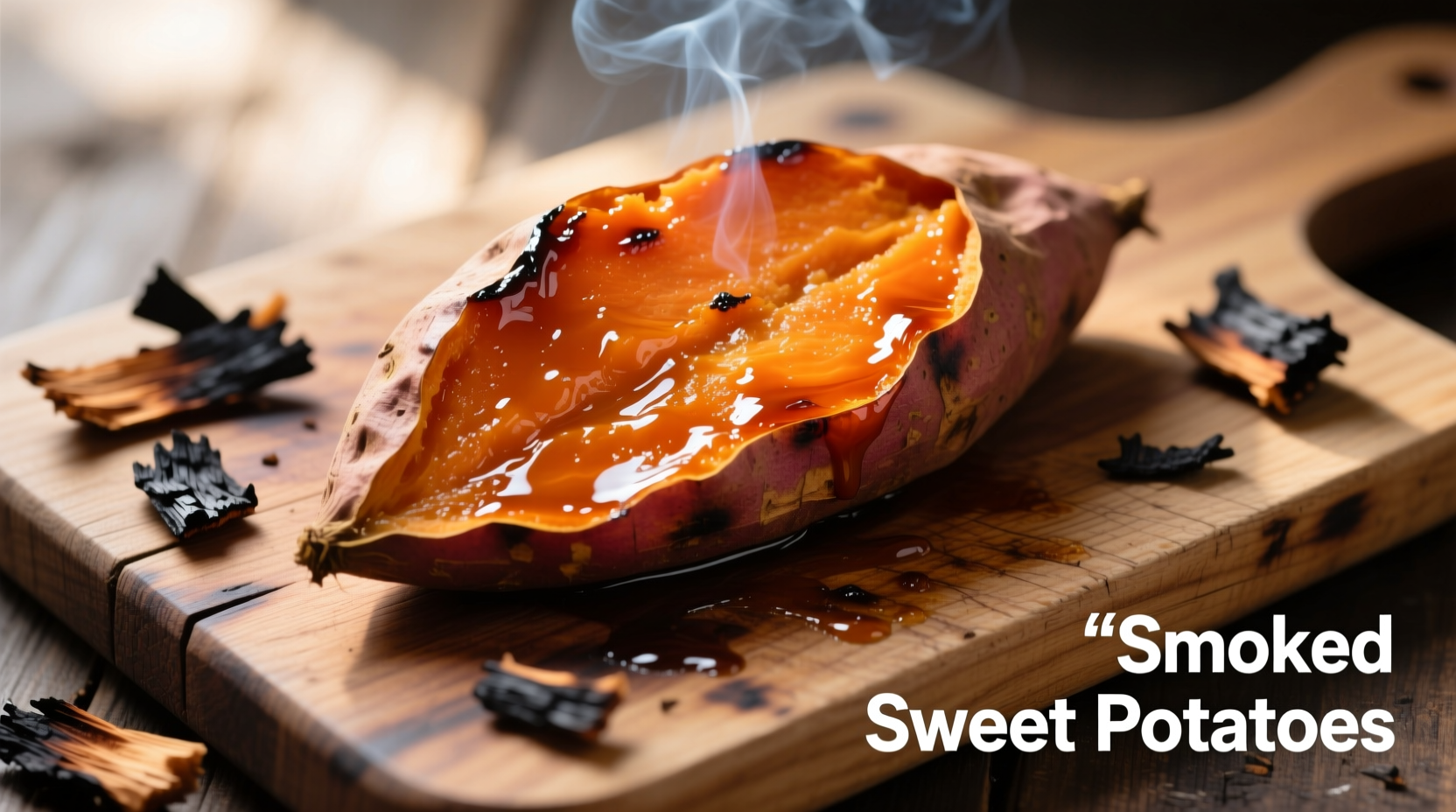 Smoked sweet potatoes on a cutting board with wood chips
