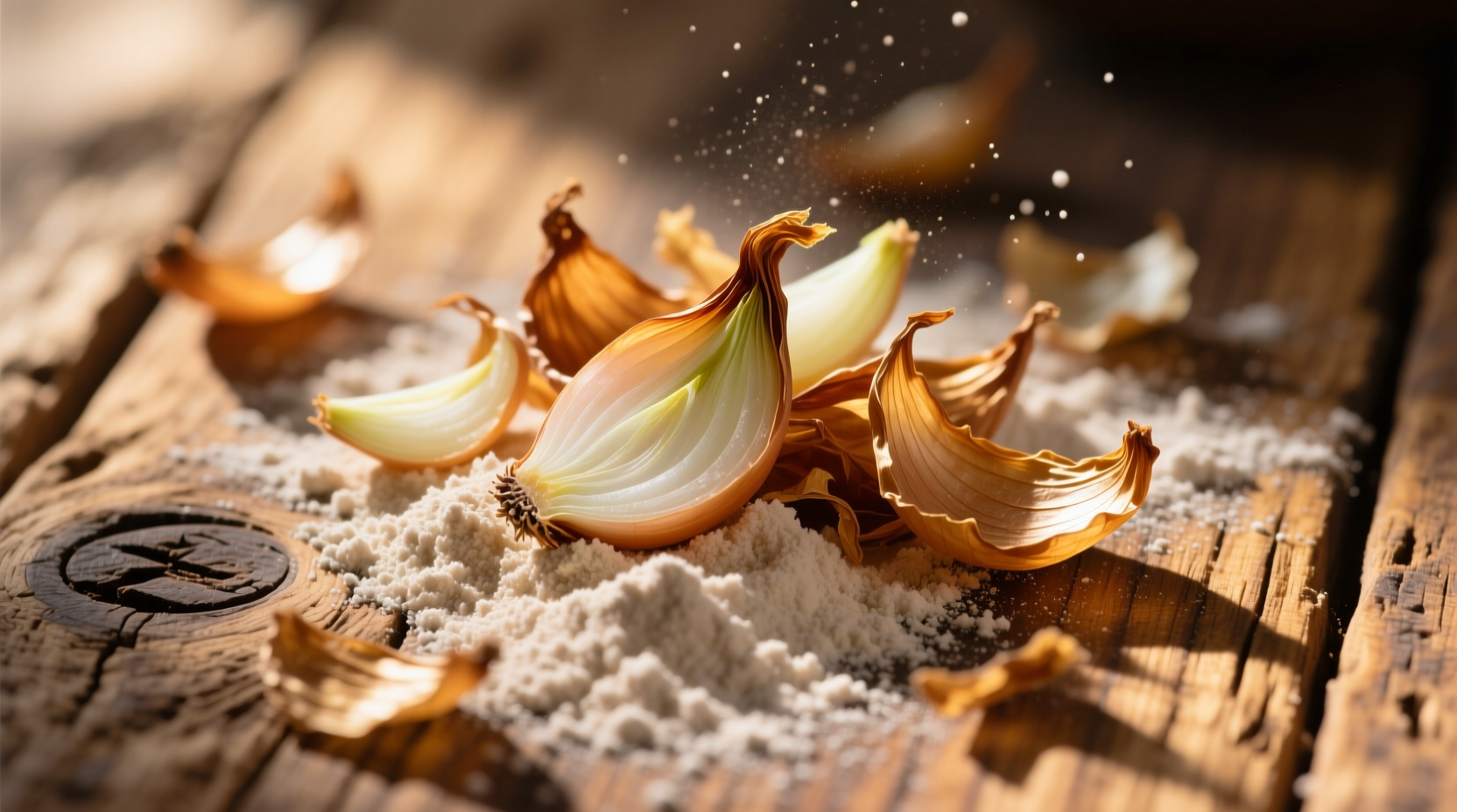 Dehydrated onion flakes and powder on wooden surface