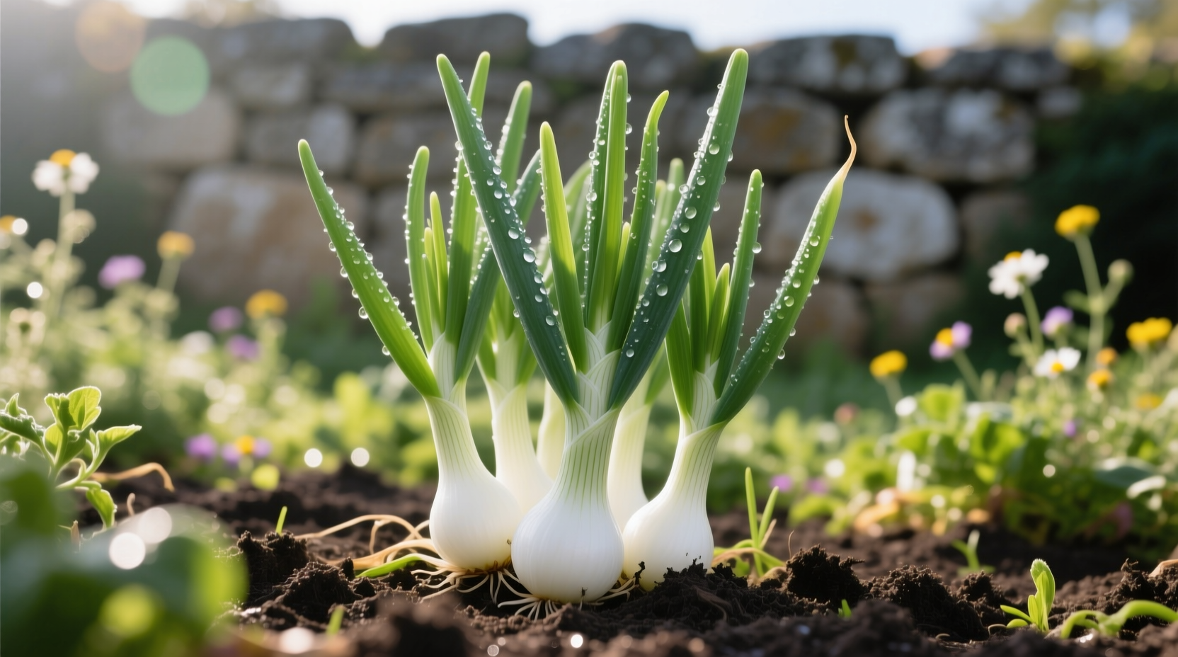 White Lisbon bunching onions growing in garden