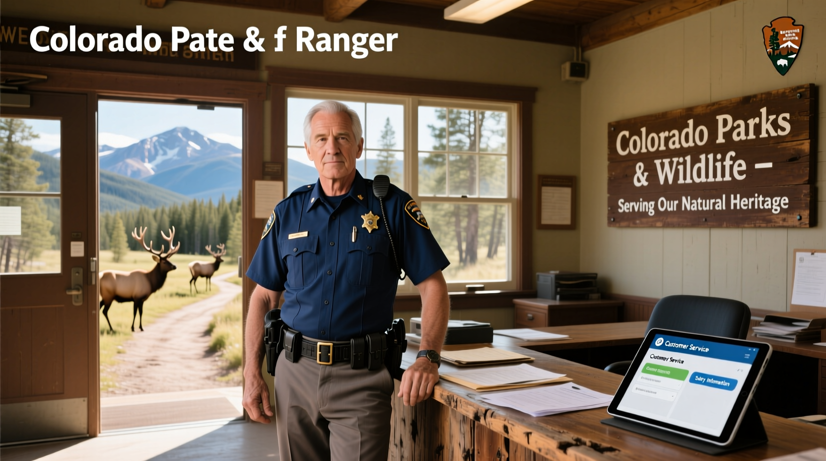 Colorado Parks and Wildlife officer speaking with visitors near trailhead sign