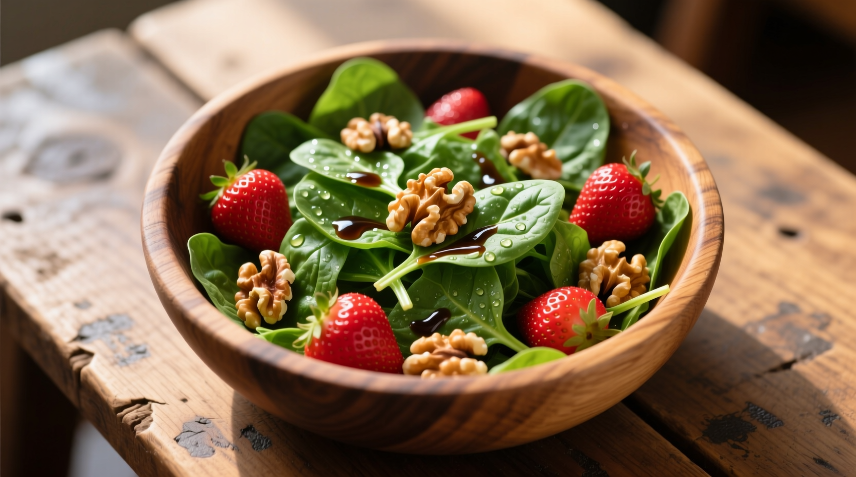 Fresh spinach salad with strawberries and walnuts in wooden bowl