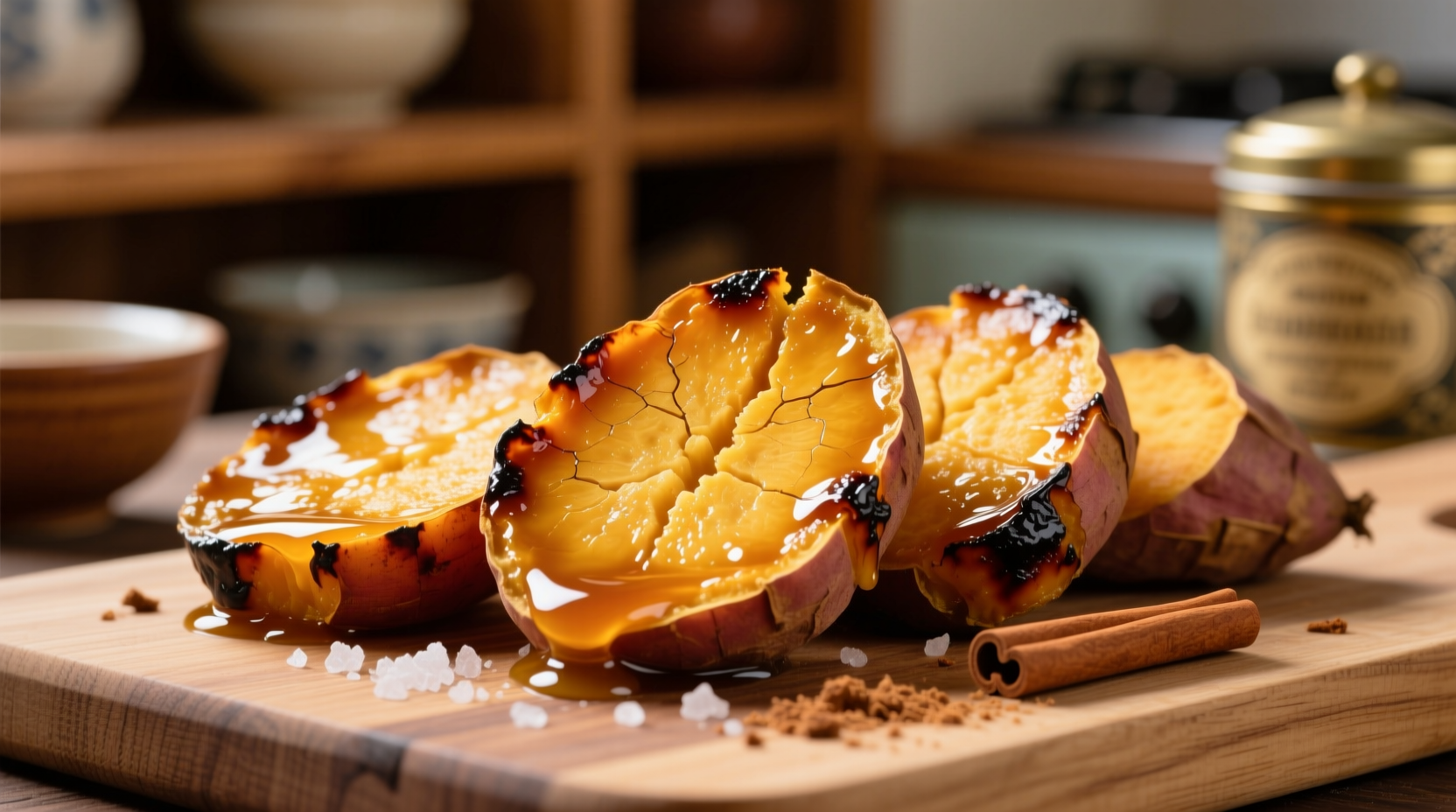 Golden glazed sweet potato slices with caramelized edges