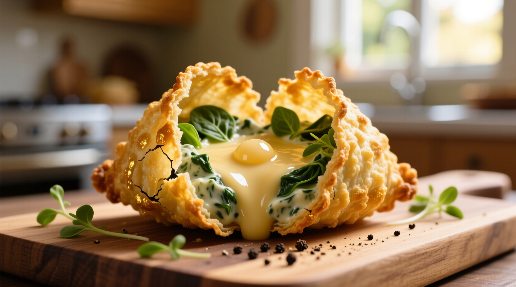 Golden cheese crisps filled with creamy spinach dip