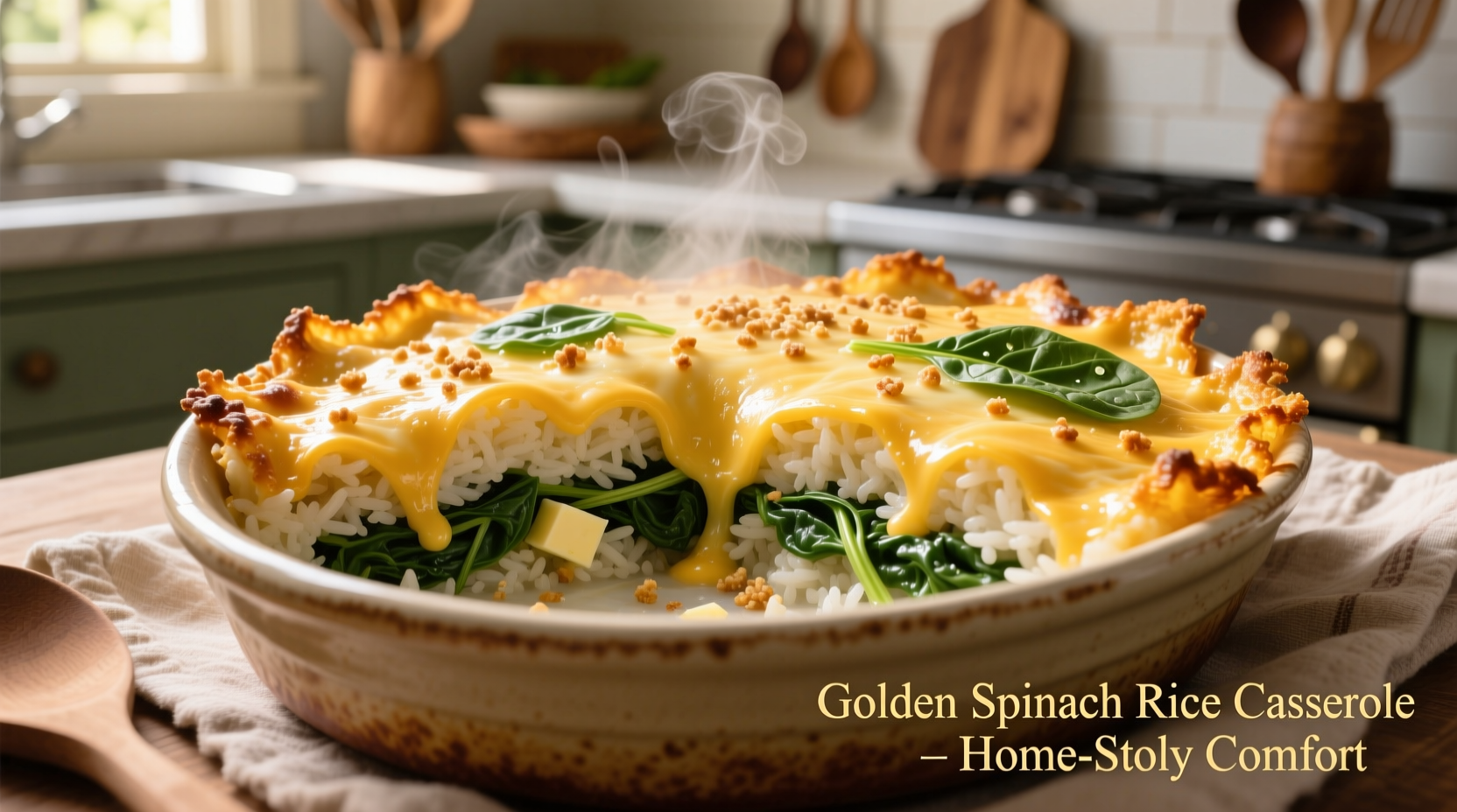 Golden spinach rice casserole with melted cheese topping