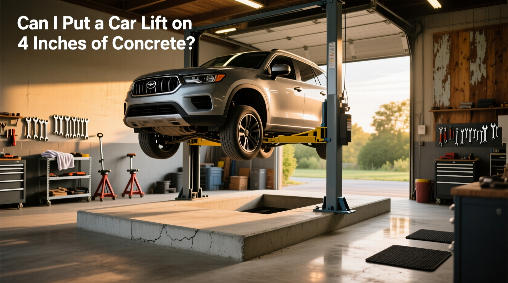 Outdoor car lift setup showing ground preparation and leveling adjustments