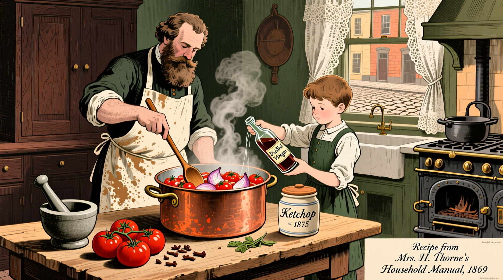 Historical illustration of 19th century tomato ketchup preparation