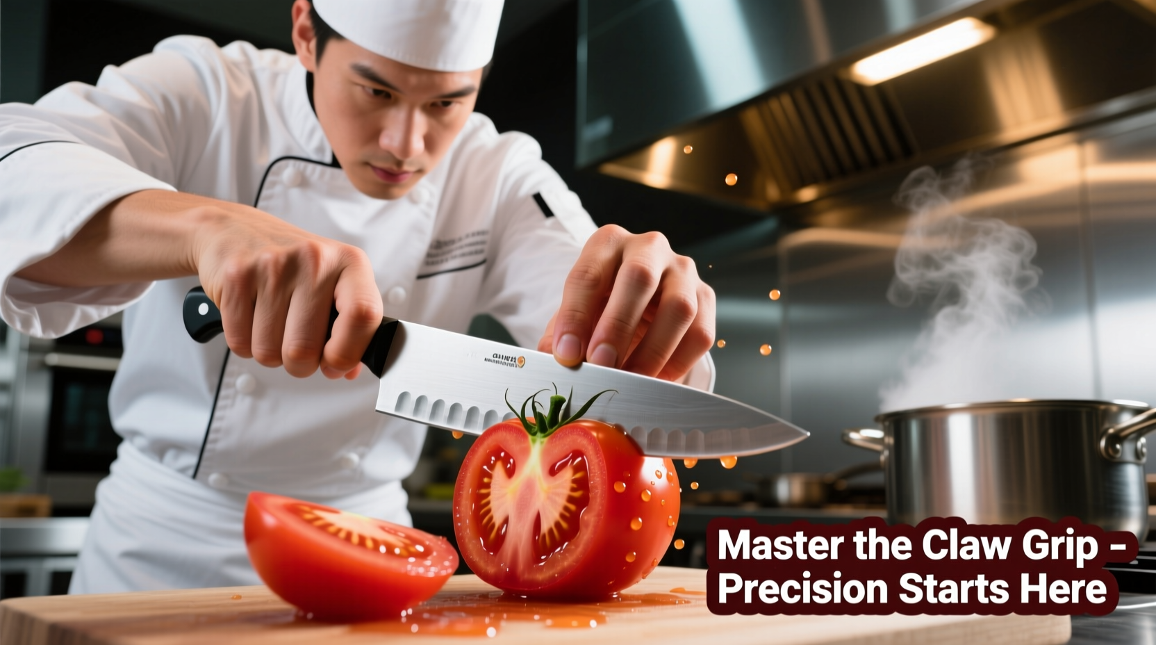 Professional chef demonstrating claw grip while slicing tomato