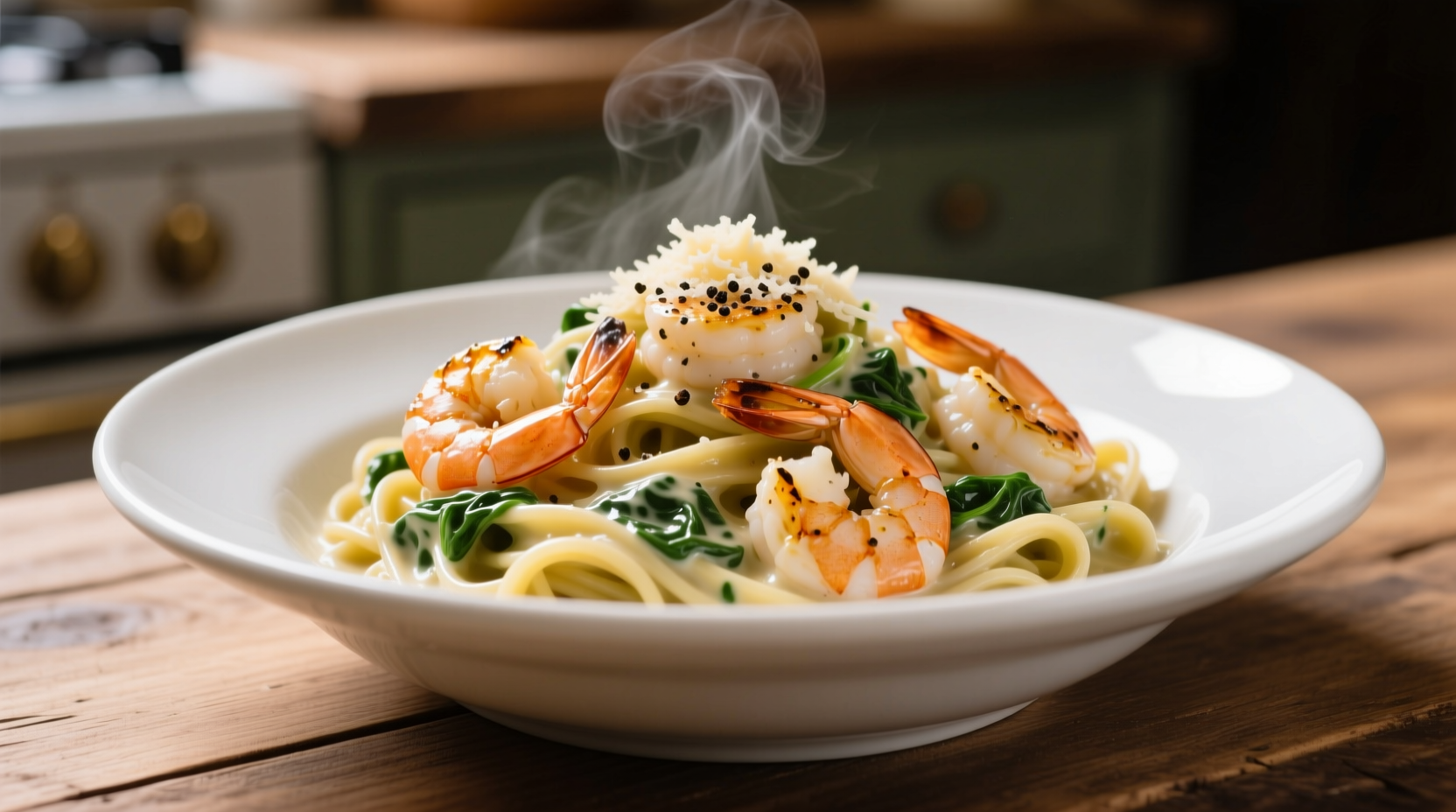 Creamy spinach pasta with shrimp in white bowl