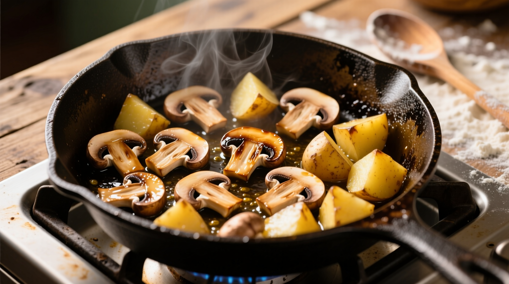 Golden brown mushrooms and potatoes in cast iron skillet