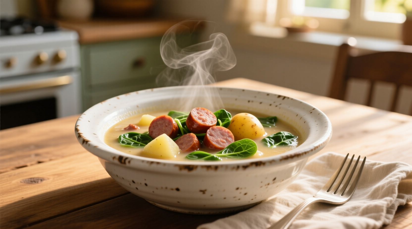 Hearty sausage potato spinach soup in white bowl
