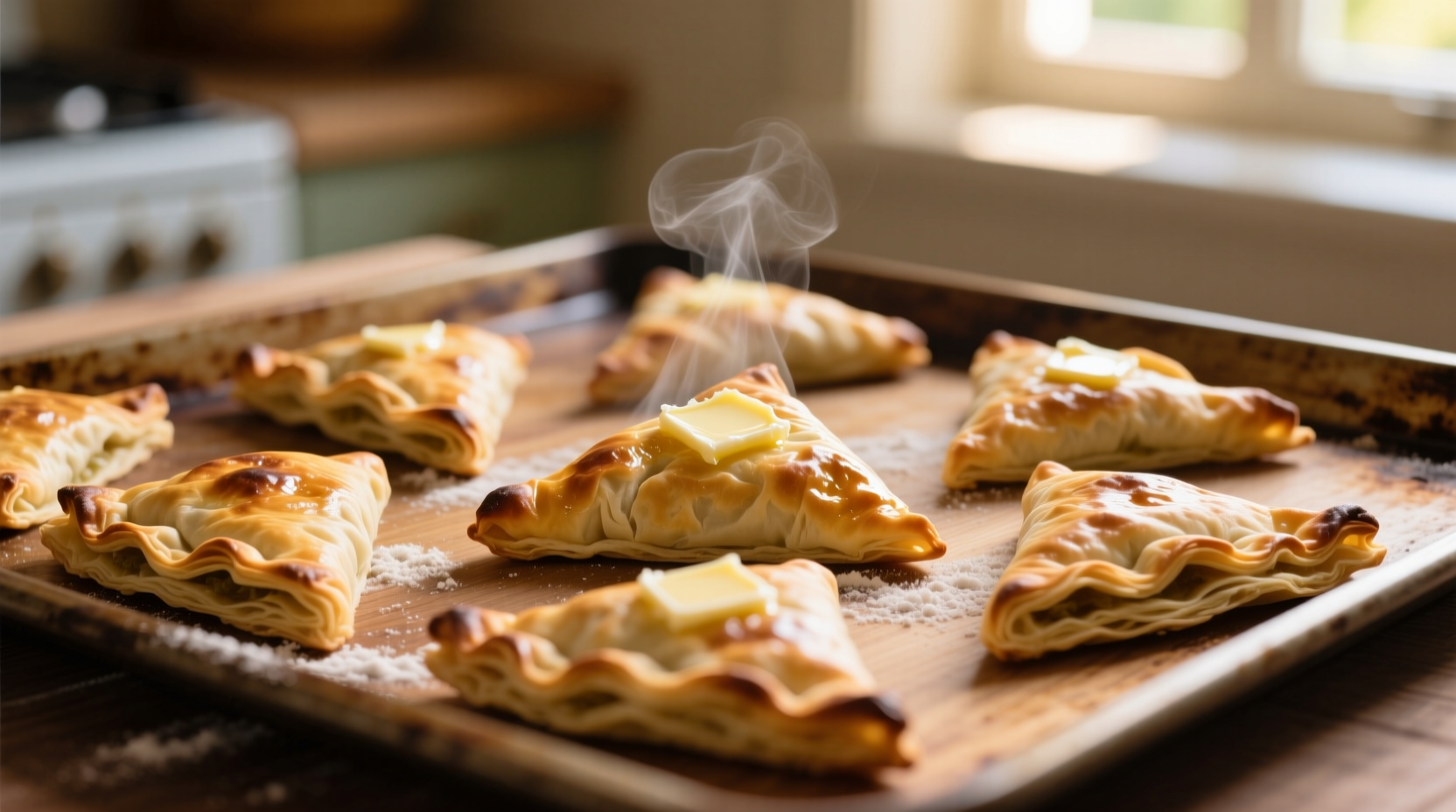 Golden brown spanakopita triangles on baking sheet