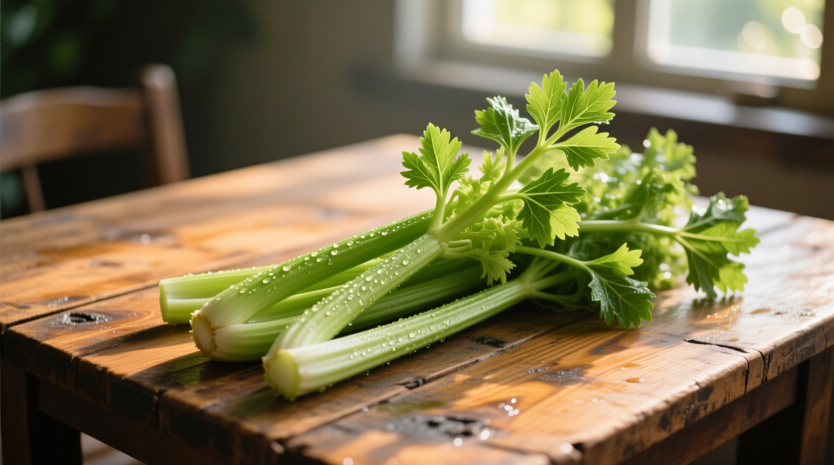 Fresh celery stalks with green leaves on wooden table
