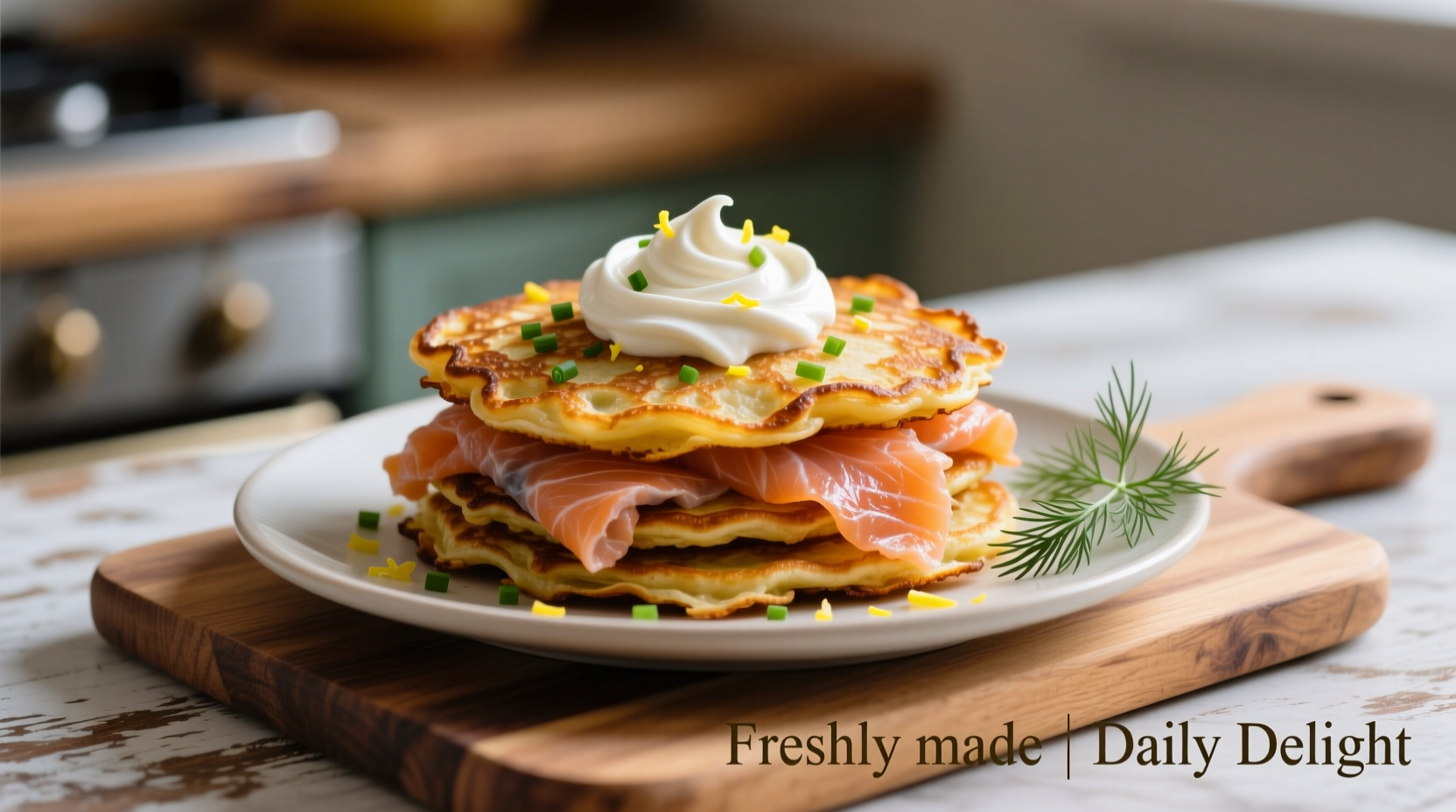 Potato pancakes with sour cream and smoked salmon