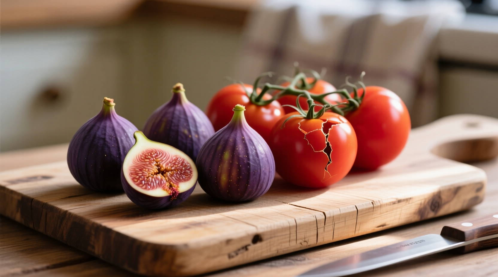 Fresh figs and tomatoes arranged on wooden cutting board