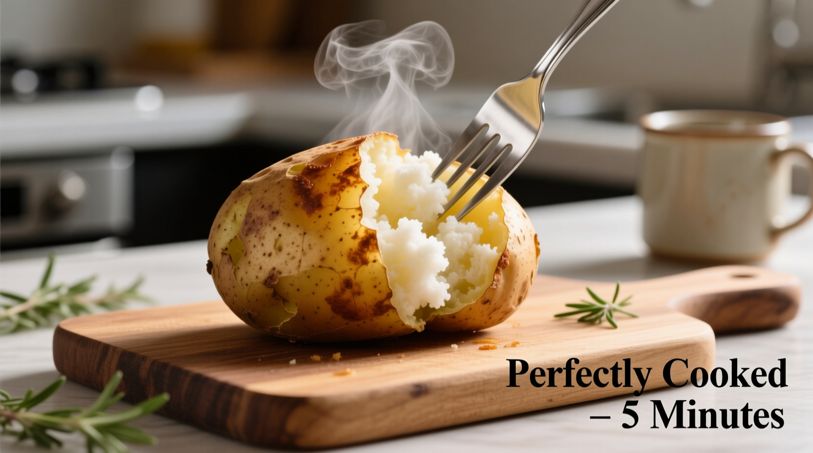 Perfectly cooked microwave potato with fork showing fluffy interior