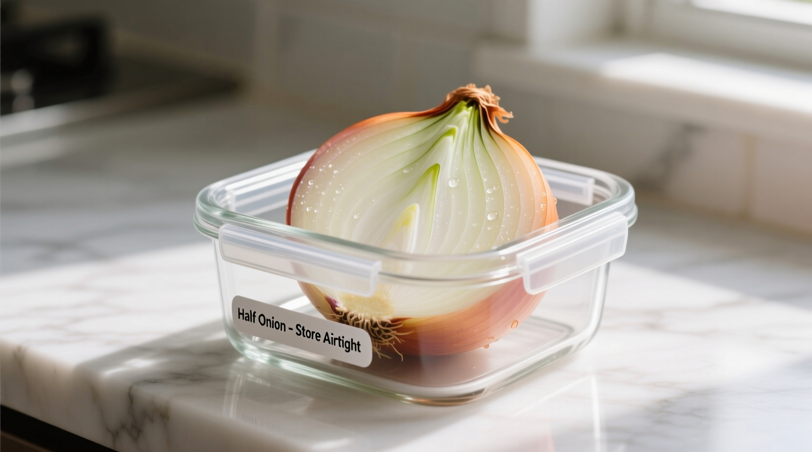 Properly stored half onion in airtight container