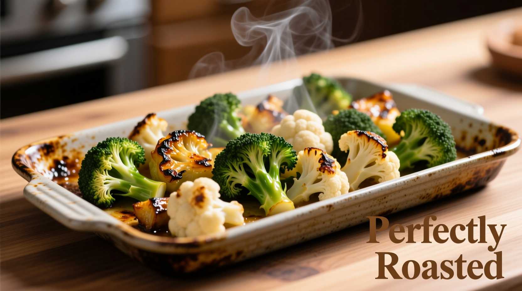 Perfectly roasted broccoli and cauliflower on baking sheet