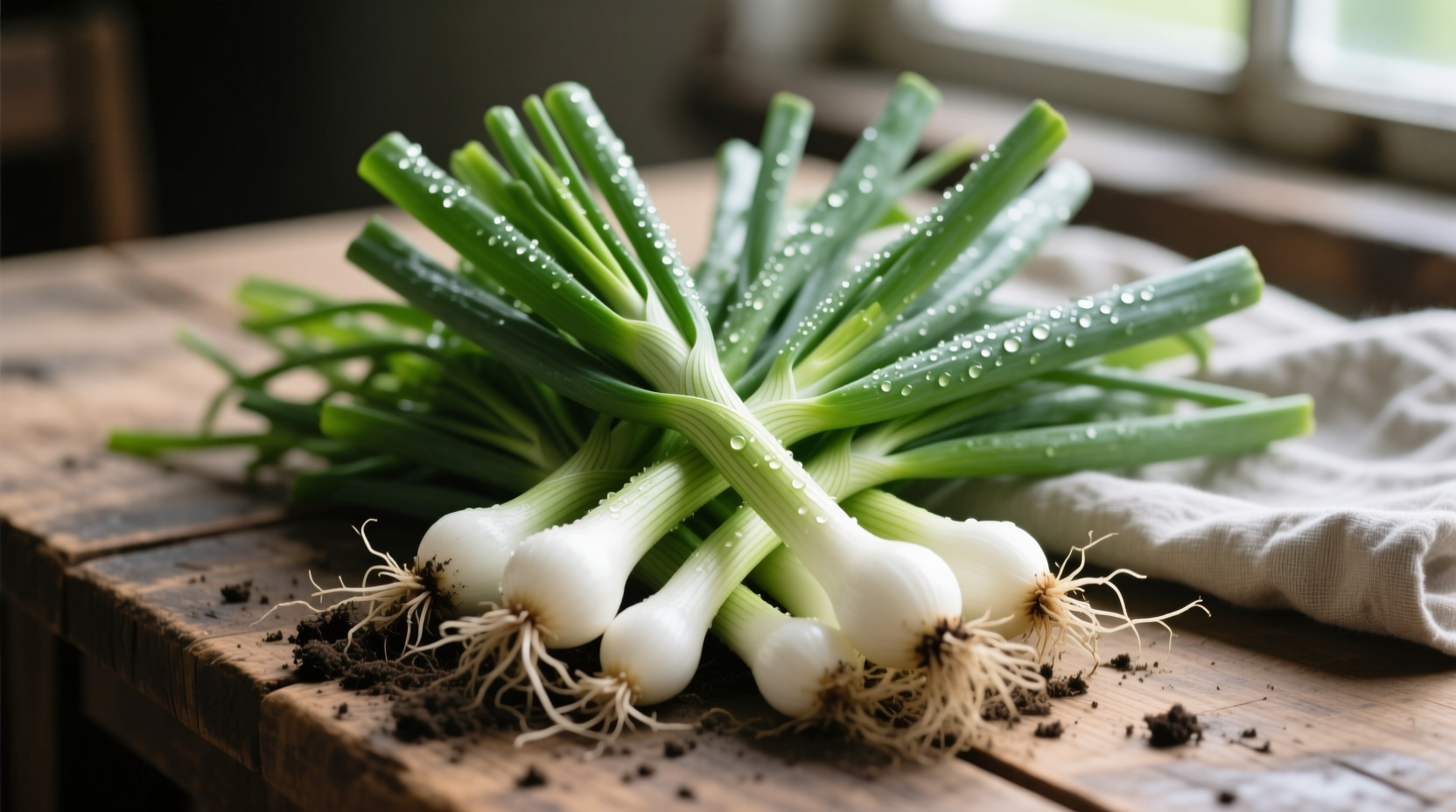 Freshly harvested spring onions with green tops and white bases