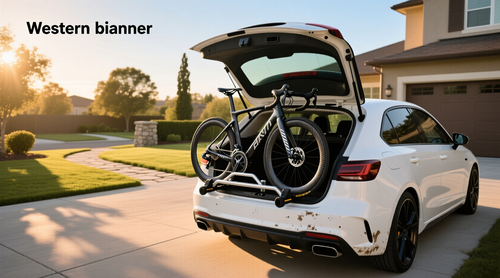 Side view of trunk mount bike rack showing individual bike arms and stabilization straps
