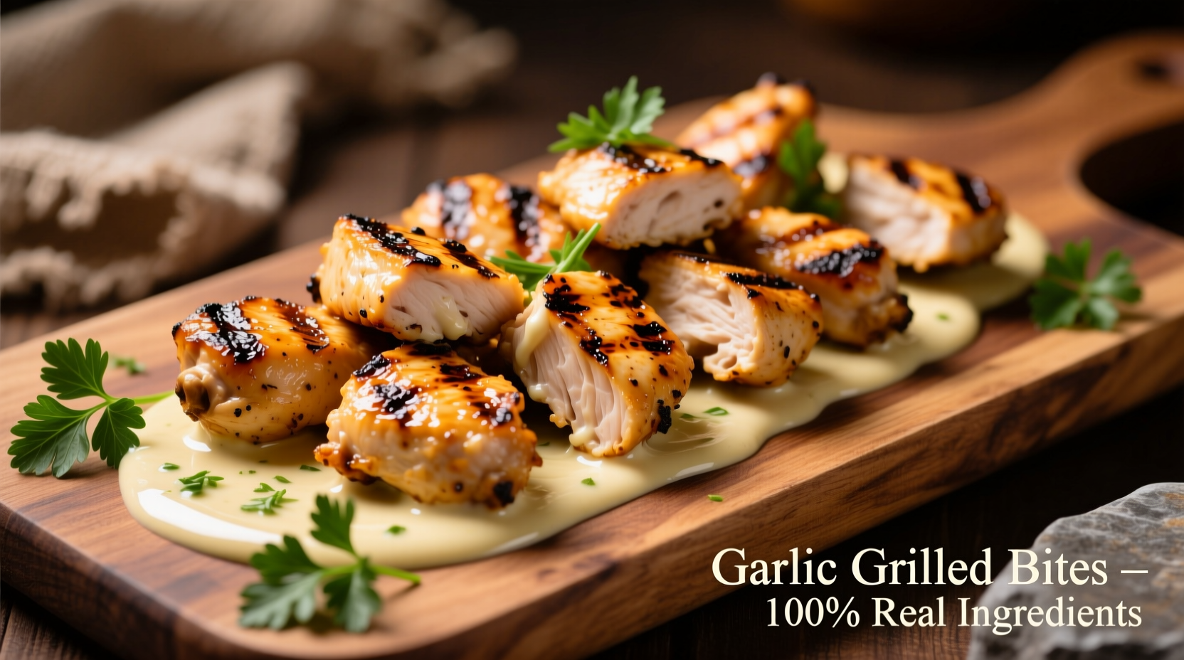 Grilled chicken bites with creamy garlic sauce on platter