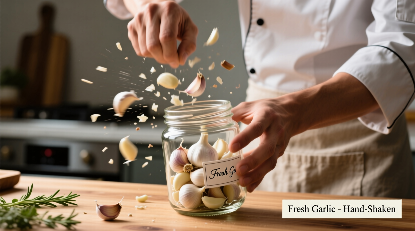 Chef shaking garlic cloves in glass jar