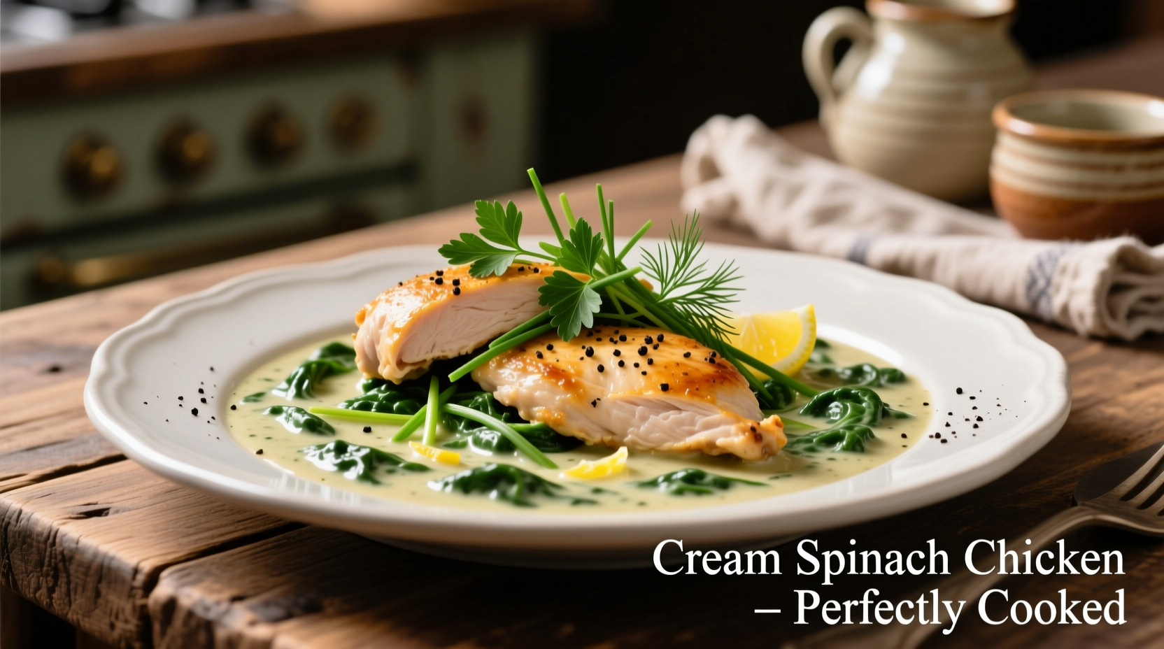 Perfectly cooked cream spinach chicken with fresh herbs