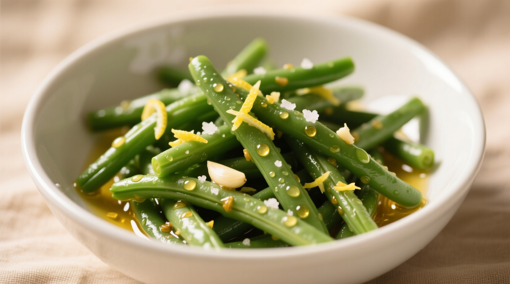 Crisp lemon garlic green beans in white bowl