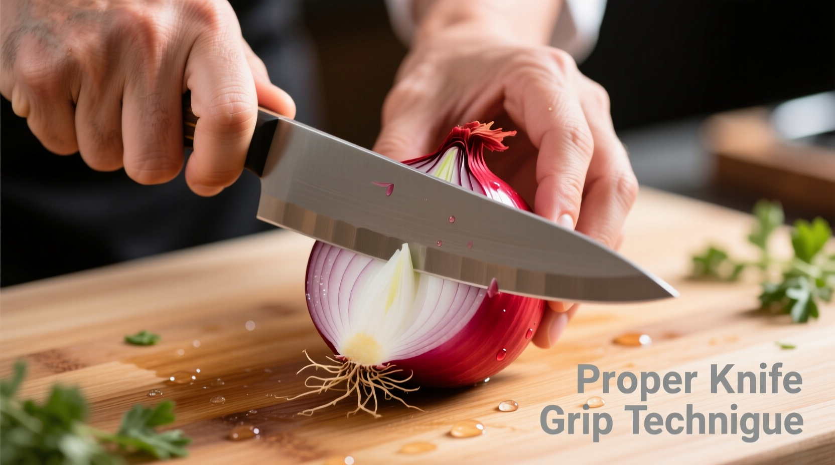 Chef's hand demonstrating proper knife grip on red onion
