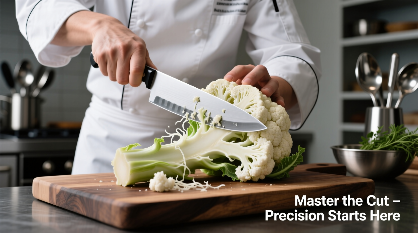 Chef demonstrating proper cauliflower cutting technique with sharp knife