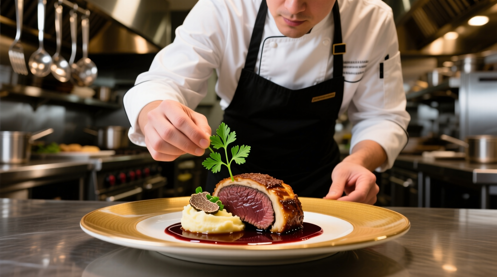 Professional chef placing parsley garnish on finished dish