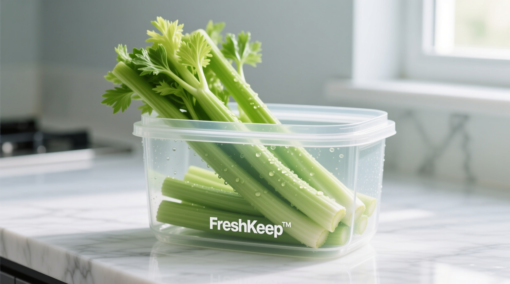 Tupperware Celery Keeper with fresh green stalks