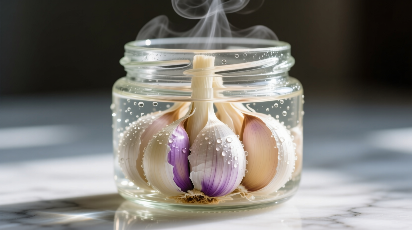 Fresh garlic cloves steeping in clear glass container