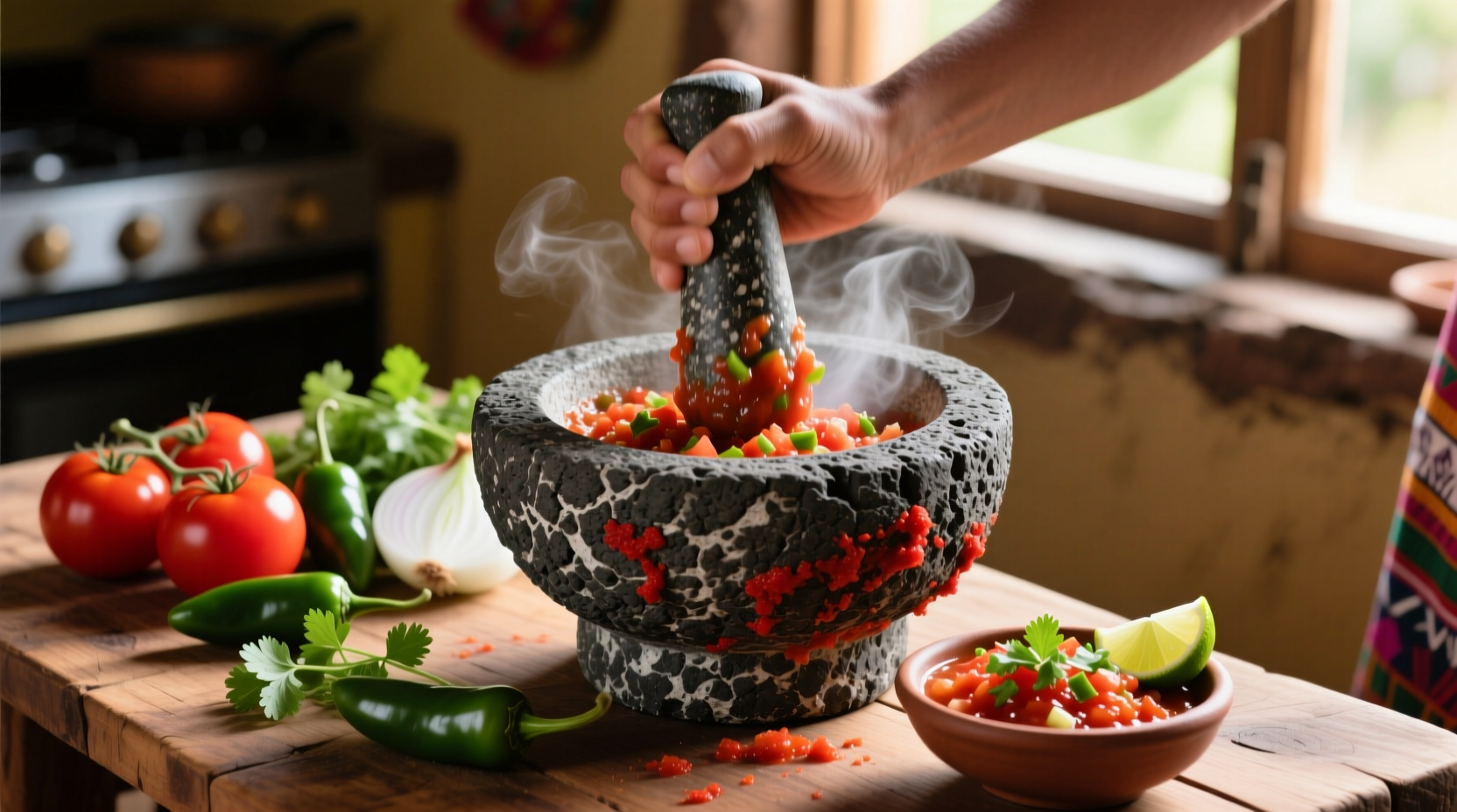 Spicy tomato salsa preparation in traditional molcajete