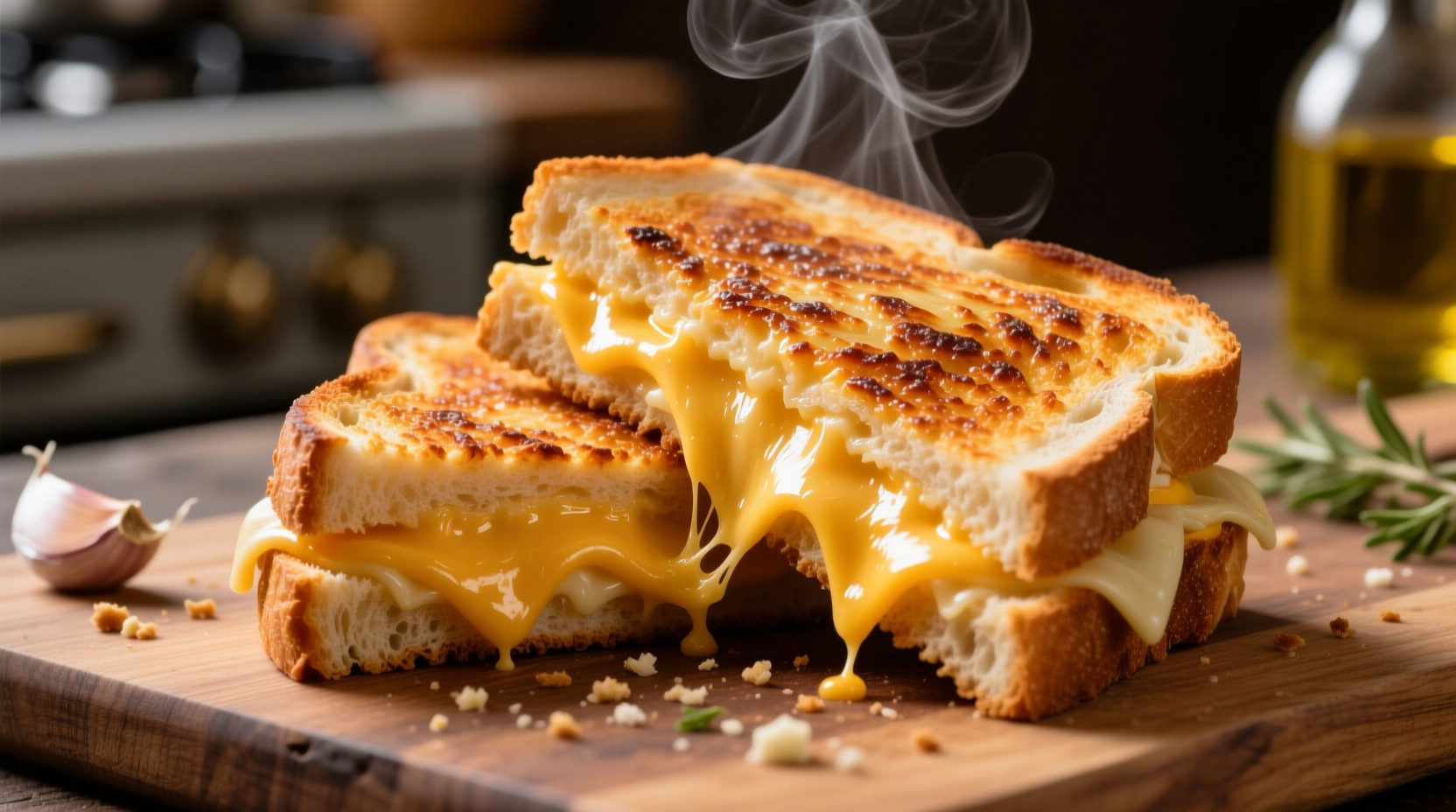 Golden garlic grilled cheese sandwich with cheese pull