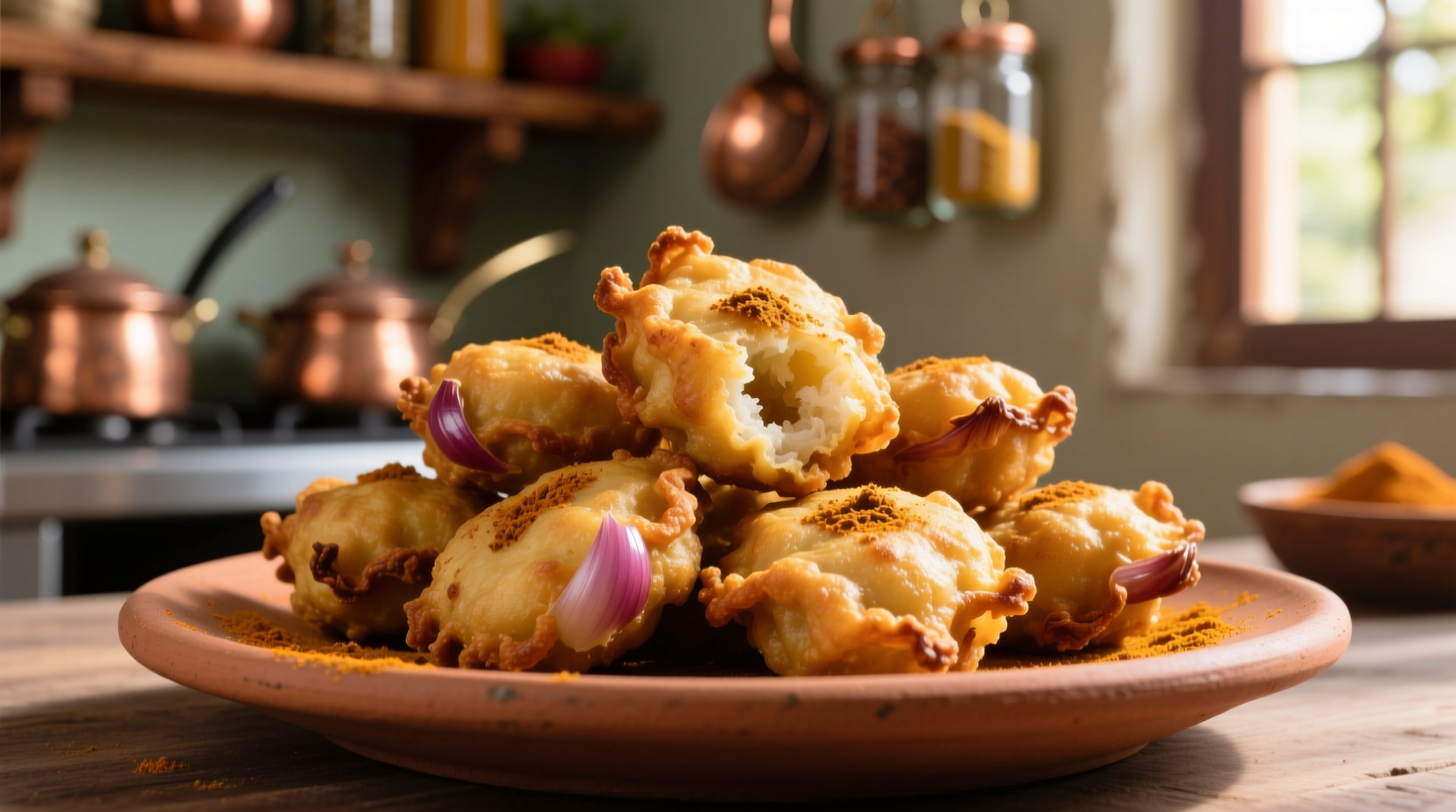 Golden brown onion bhaji fritters on a plate