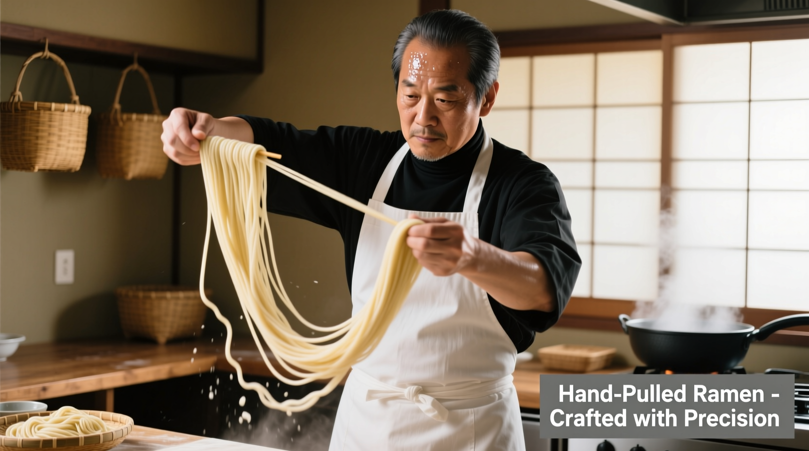 Chef hand-pulling ramen noodles with focused expression