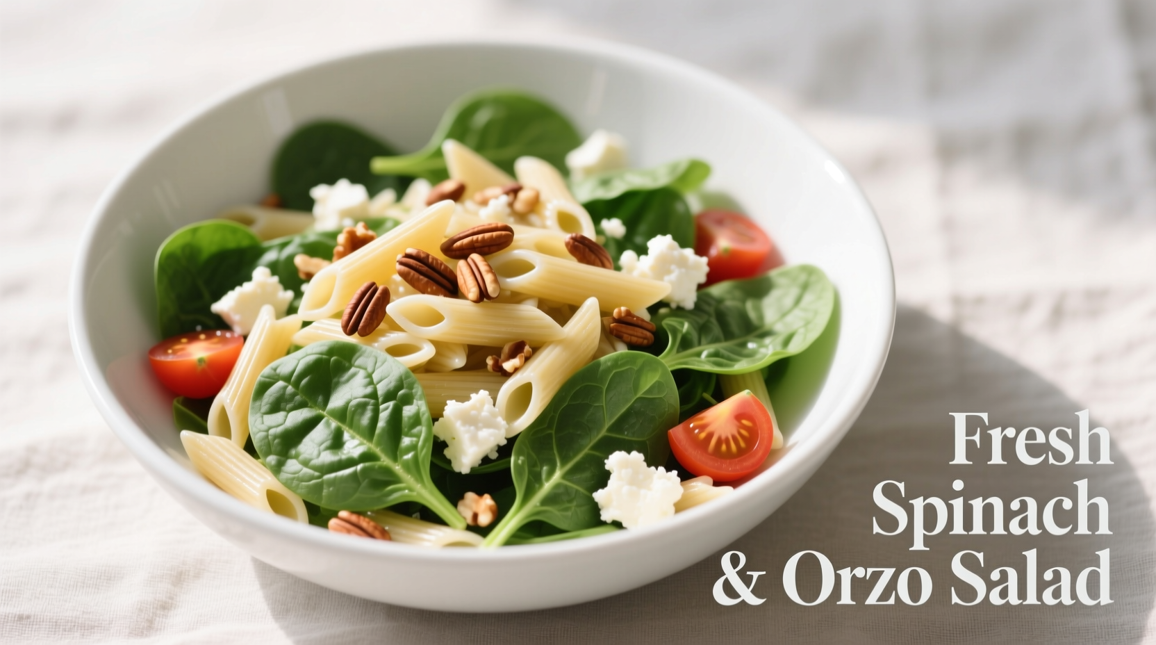 Fresh spinach and orzo salad in white bowl