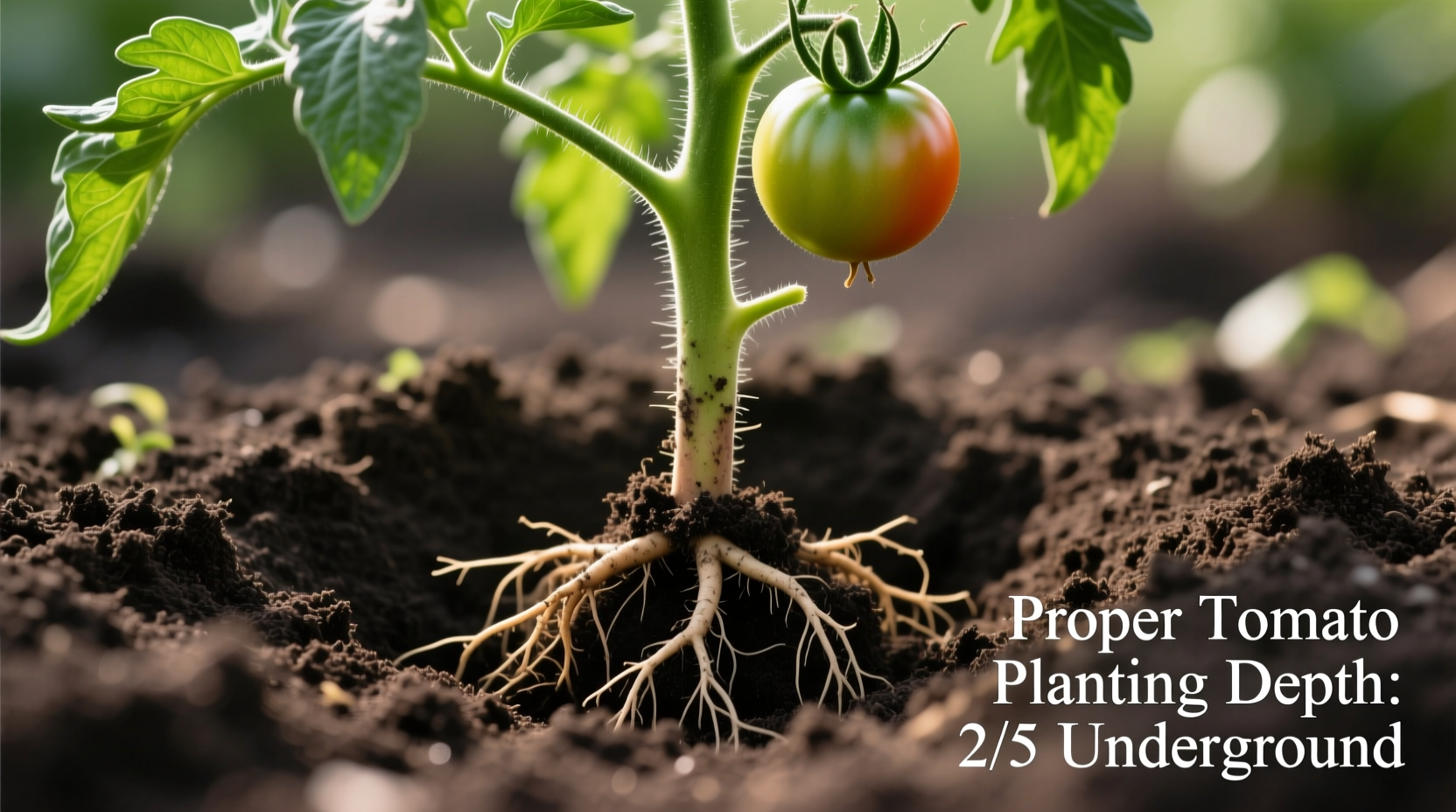 Proper tomato planting depth showing stem buried two-thirds underground