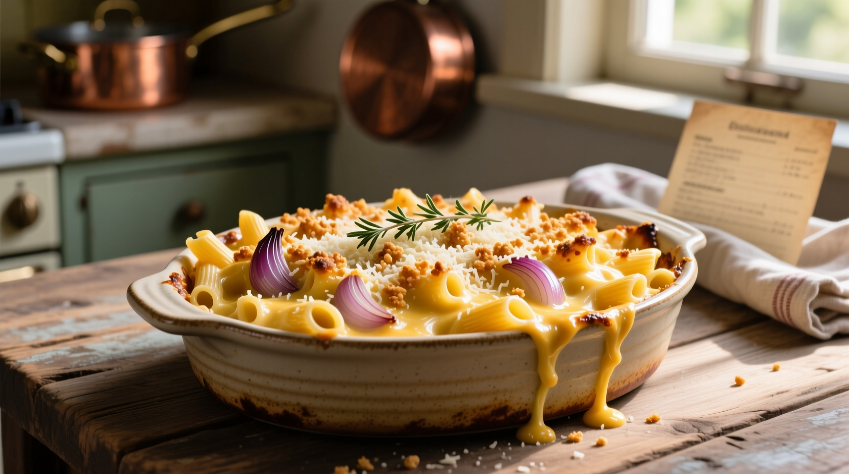 Golden French onion mac and cheese in baking dish